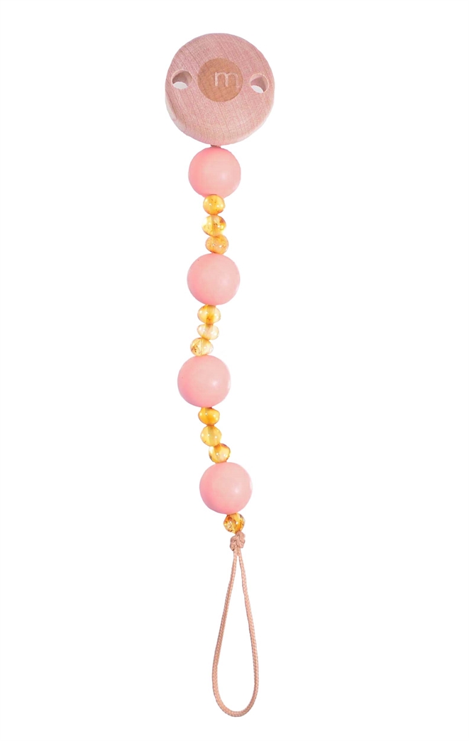 Suttesnor i Honing farvet rav med rosa silikone kugler - vertikalt